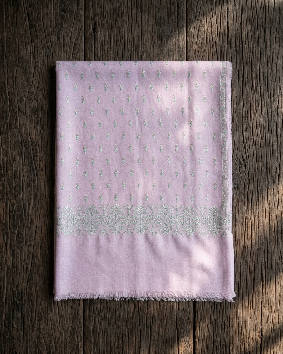 Pale Pink Silvery Floral Sozni — Handwoven in Kashmir — image 1