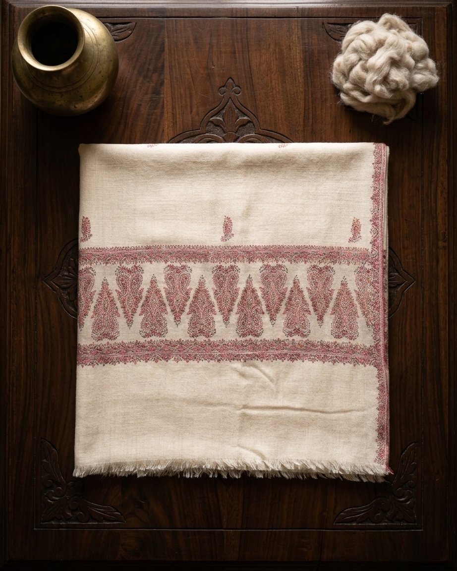 Cream Pink Paisley Border Maheen Kari — Handwoven in Kashmir — image 1