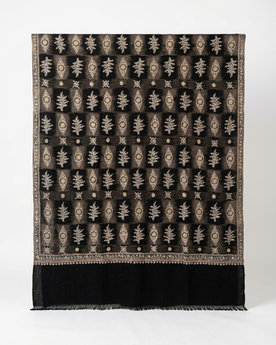 Black Beige Tree of Life Column Sozni — Handwoven in Kashmir — image 1