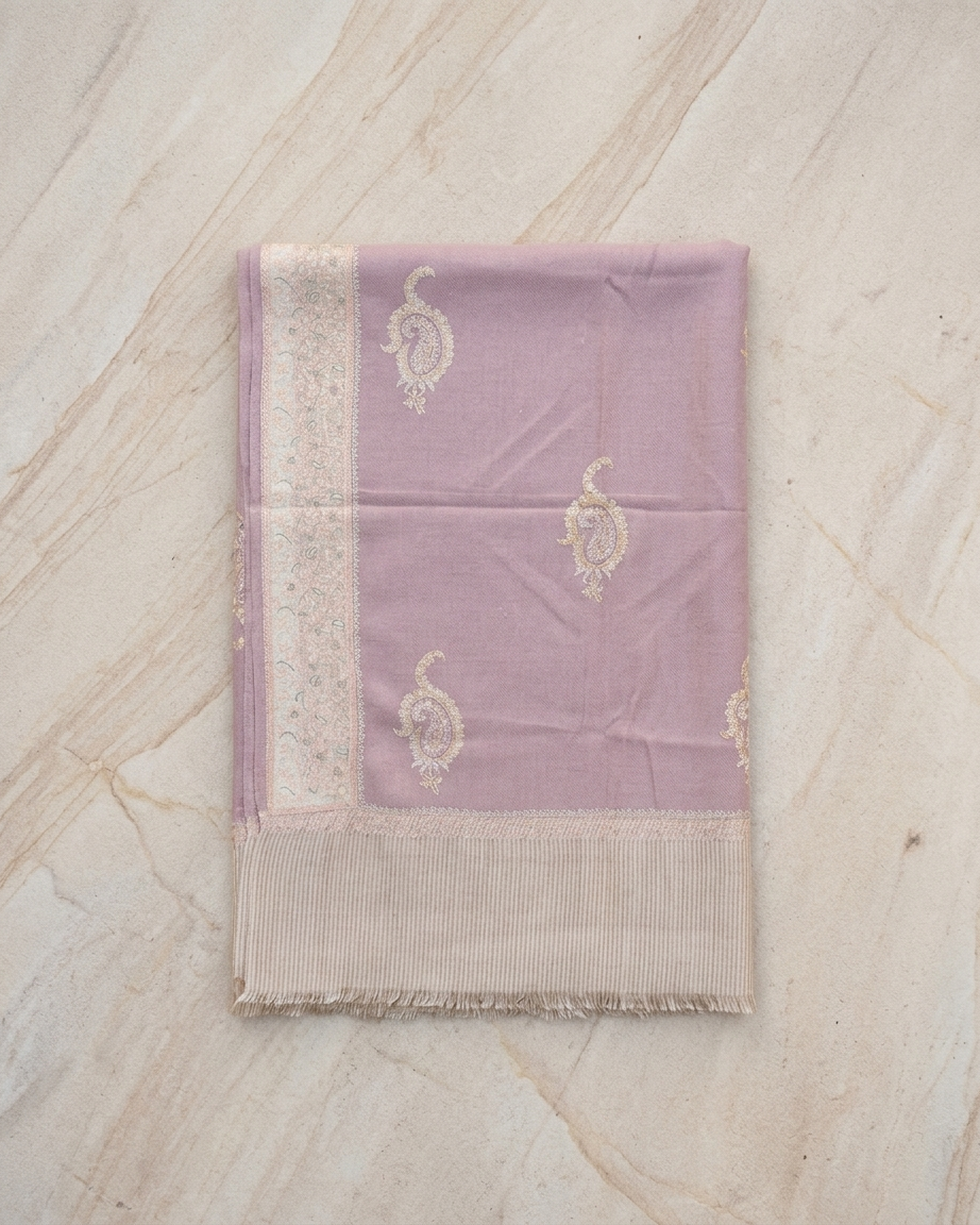 Dusty Rose Paisley Border Sozni — Handwoven in Kashmir — image 1