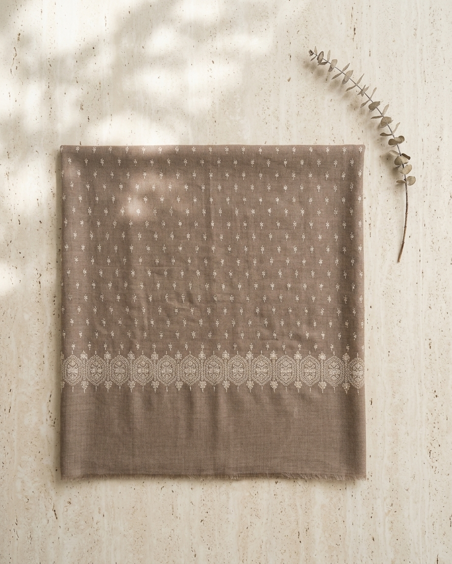 Taupe White Medallion Border Sozni — Handwoven in Kashmir — image 1