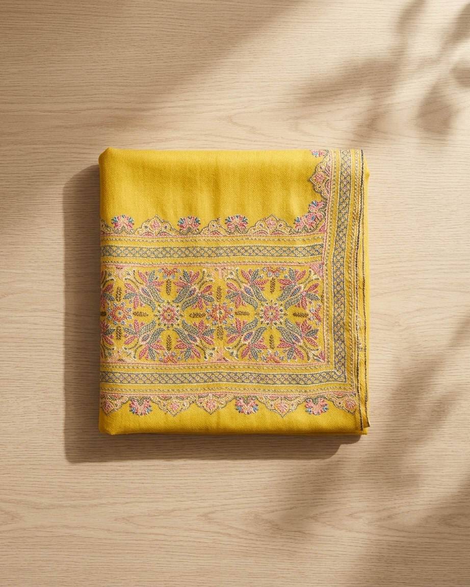 Mustard Multicolor Floral Border Sozni — Handwoven in Kashmir — image 1