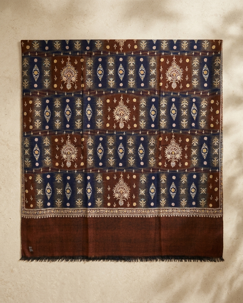 Navy Chocolate Ornate Check Sozni — Handwoven in Kashmir — image 1