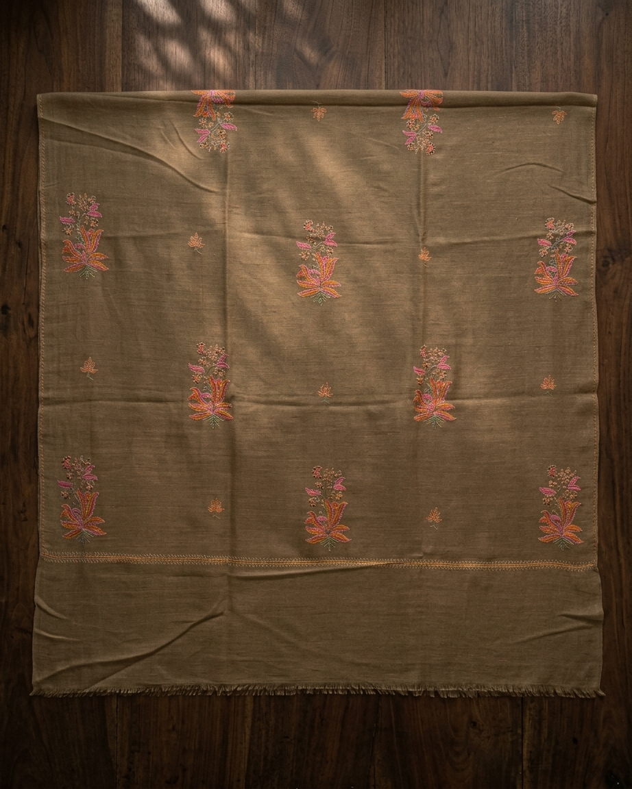 Olive Large Floral Motif Sozni — Handwoven in Kashmir — image 1