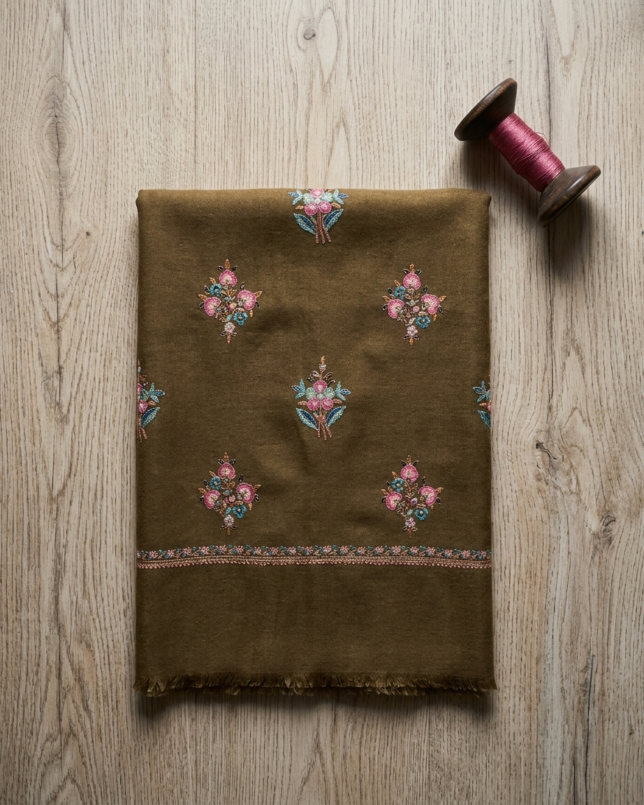 Olive Green Pink Floral Booti Sozni — Handwoven in Kashmir — image 1