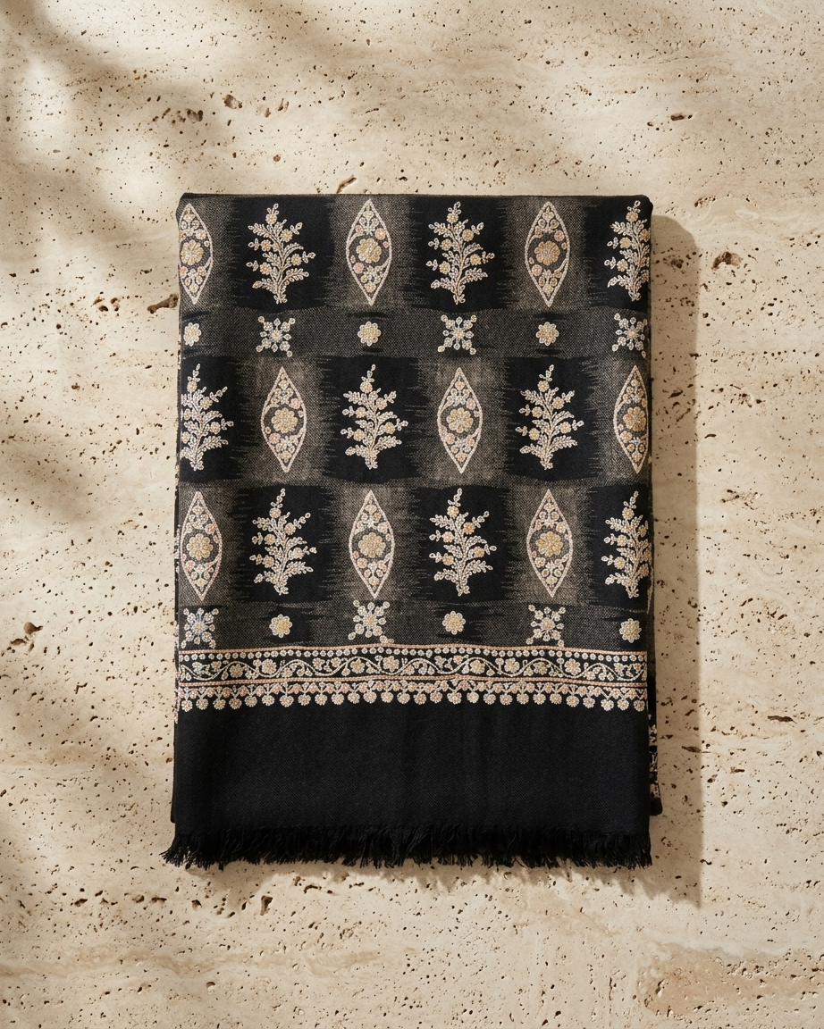 Black Charcoal Alternating Motif Sozni — Handwoven in Kashmir — image 1