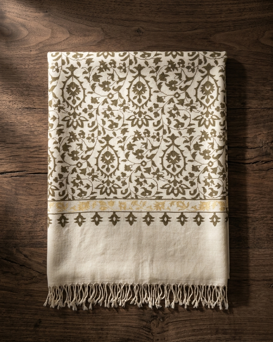 Cream Olive Floral Medallion Kani Cashmere Pashmina Shawl — Handwoven in Kashmir — image 1