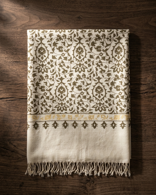 Cream Olive Floral Medallion Kani Cashmere Pashmina Shawl — Handwoven in Kashmir — image 1