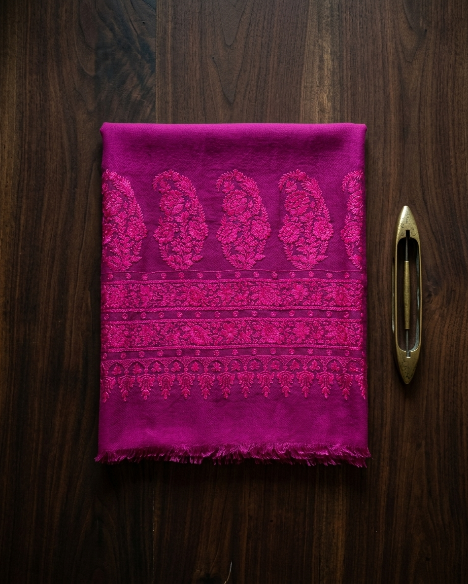 Fuchsia Tone-on-Tone Paisley Maheen Kari — Handwoven in Kashmir — image 1
