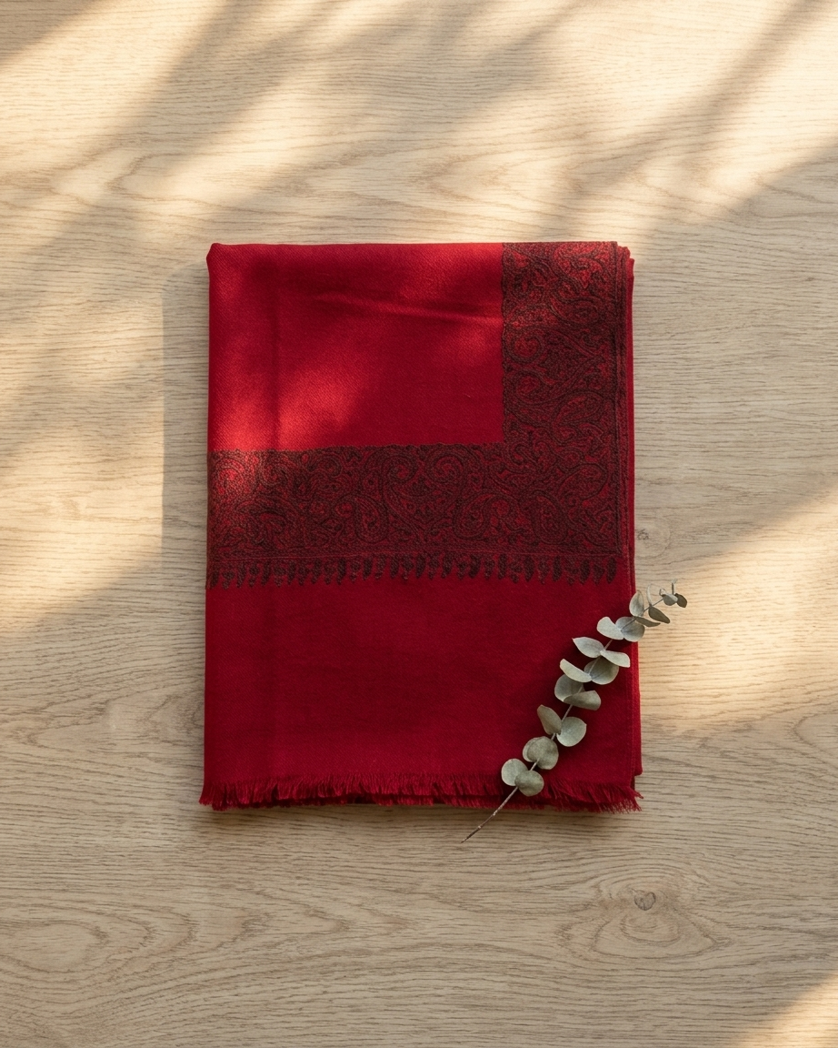 Crimson Paisley Border Sozni — Handwoven in Kashmir — image 1
