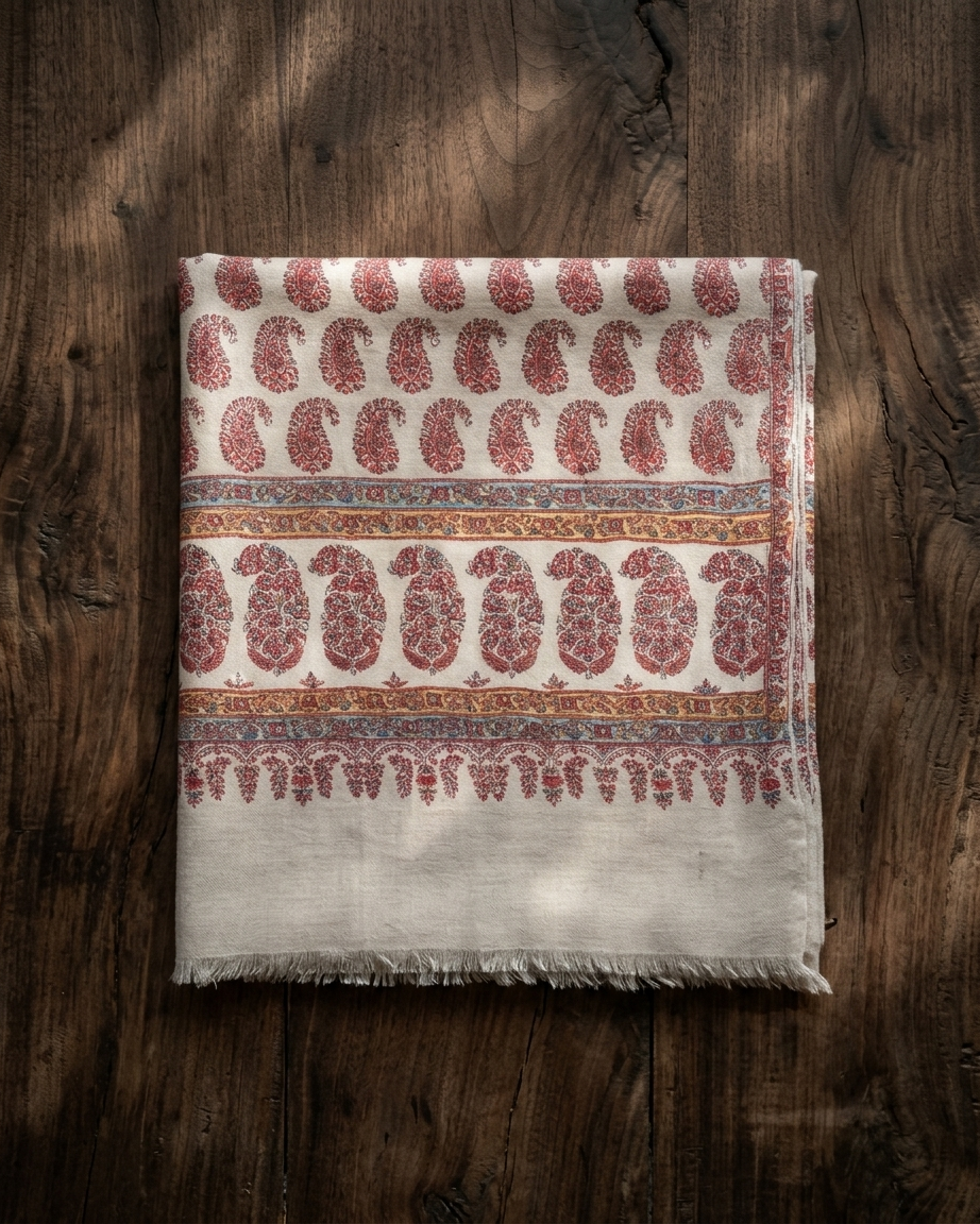 Cream Pink Paisley Band Maheen Kari — Handwoven in Kashmir — image 1