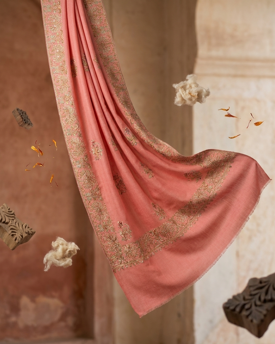 Coral Pink Floral Booti Sozni — Handwoven in Kashmir — image 1