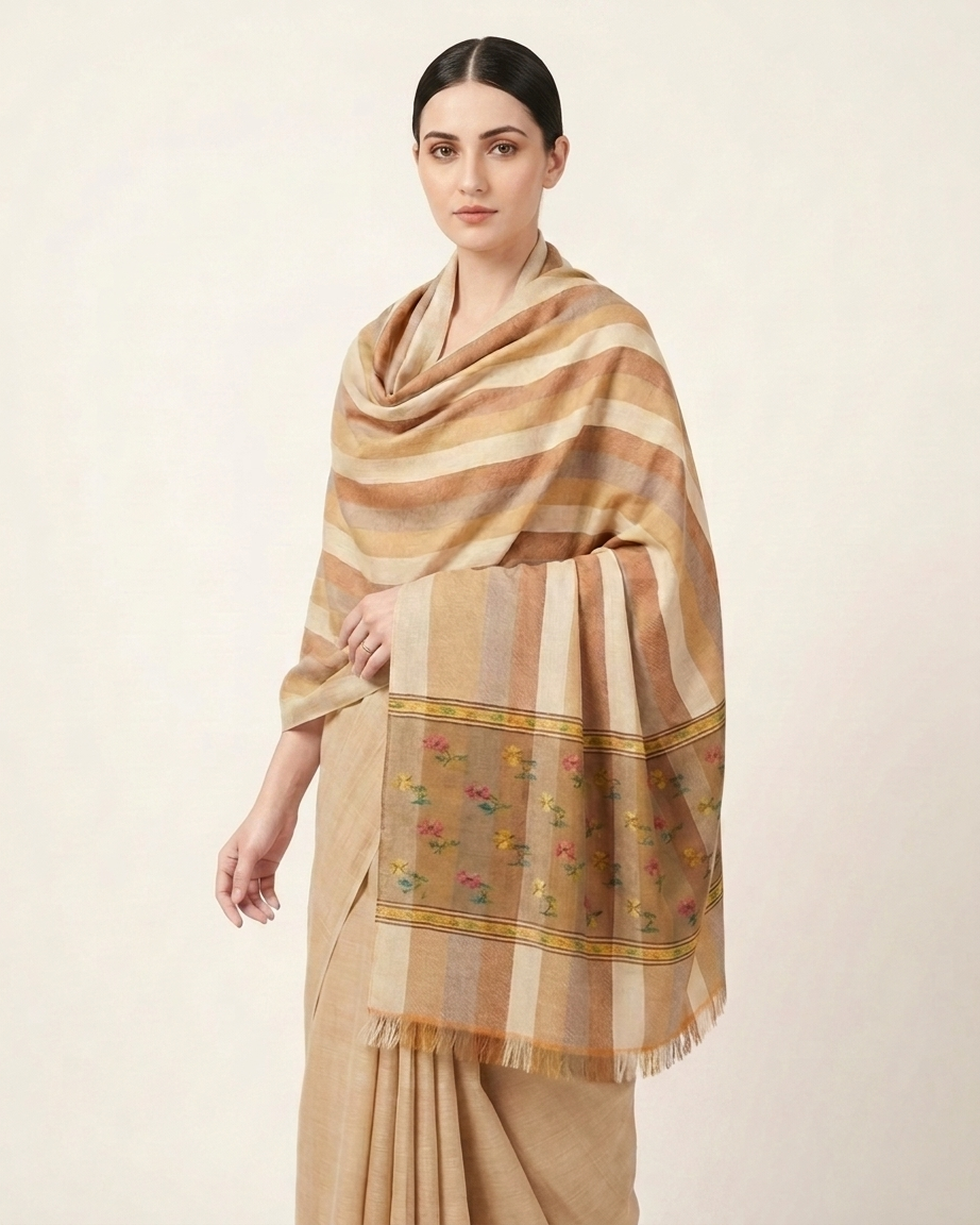 Earth Stripe Magenta Floral Buti Kani Cashmere Pashmina Shawl — Handwoven in Kashmir — image 5