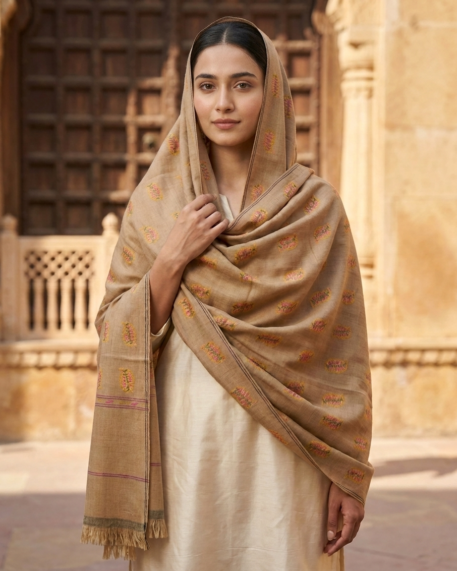 Oatmeal Multi-Color Floral Buti Kani Cashmere Pashmina Shawl — Handwoven in Kashmir — image 6