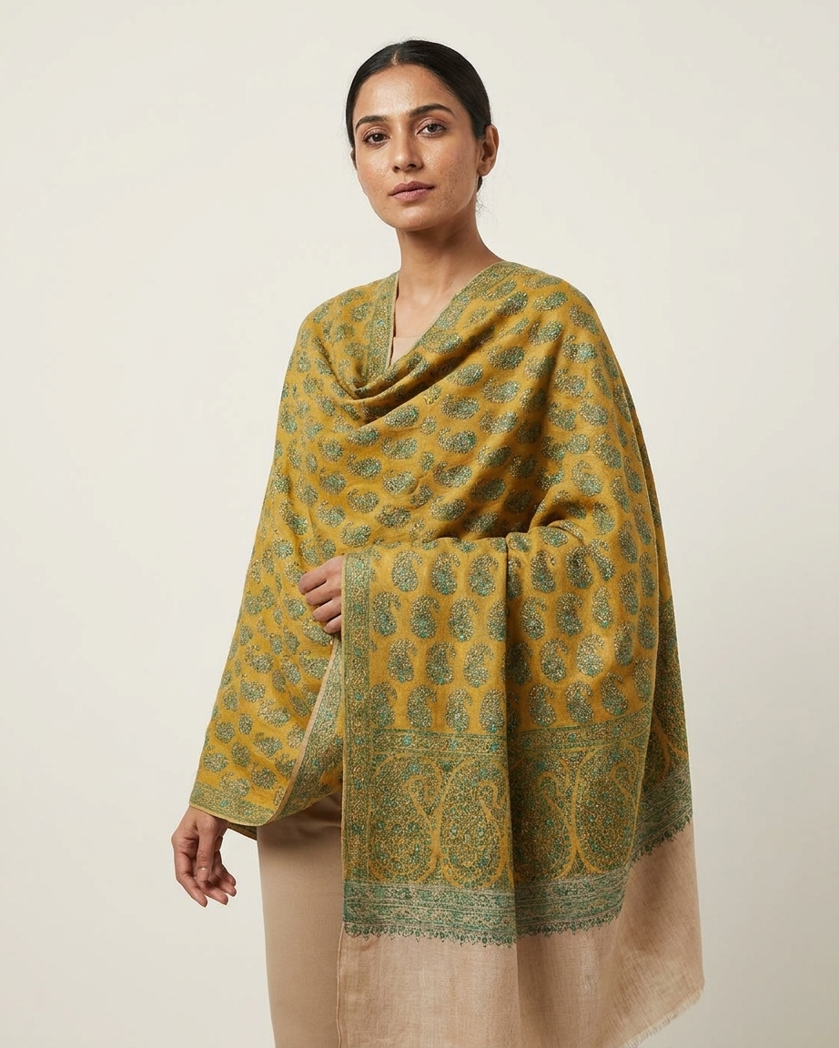 Mustard Teal Paisley Maheen Kari — Handwoven in Kashmir — image 2