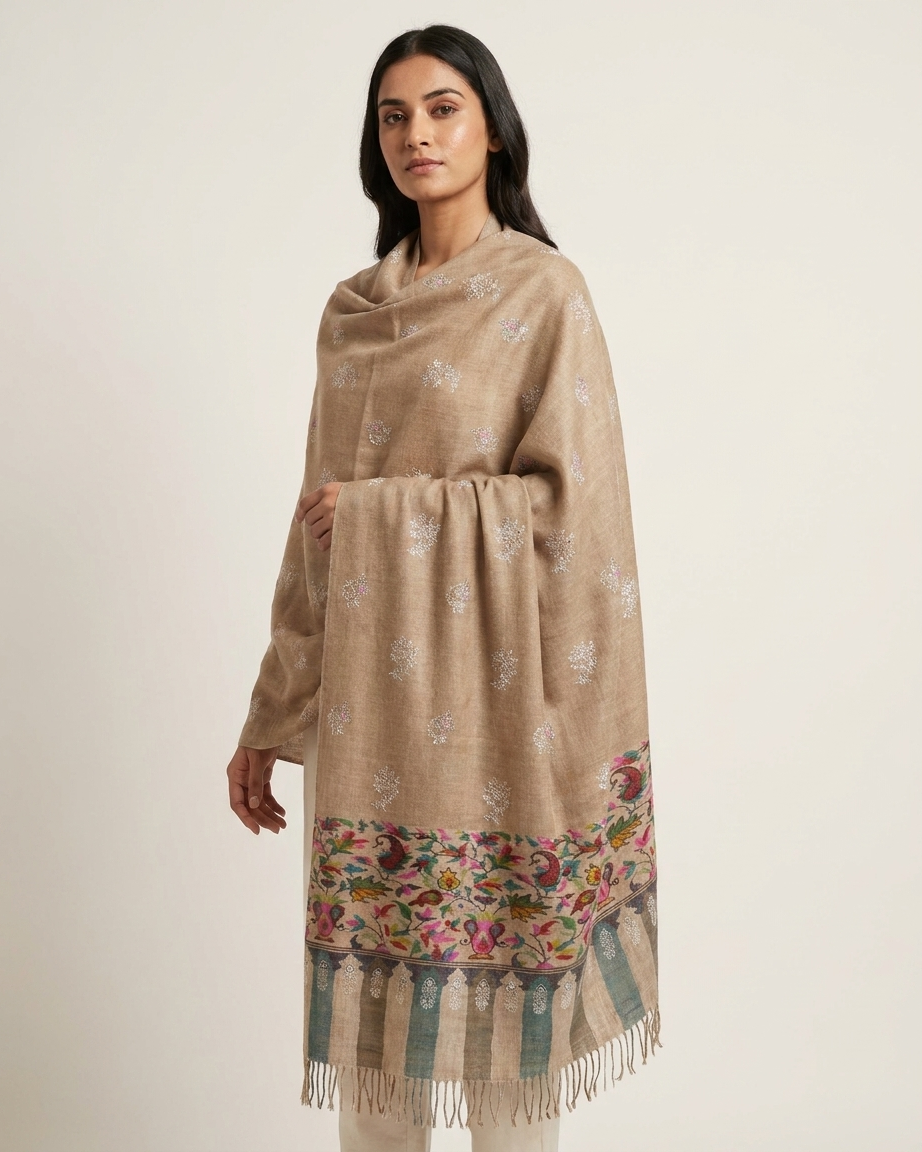 Taupe Floral Border Sozni Kani Fusion — Handwoven in Kashmir — image 2
