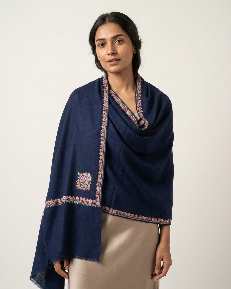 Navy Pink Gold Corner Paisley Sozni — Handwoven in Kashmir — image 2