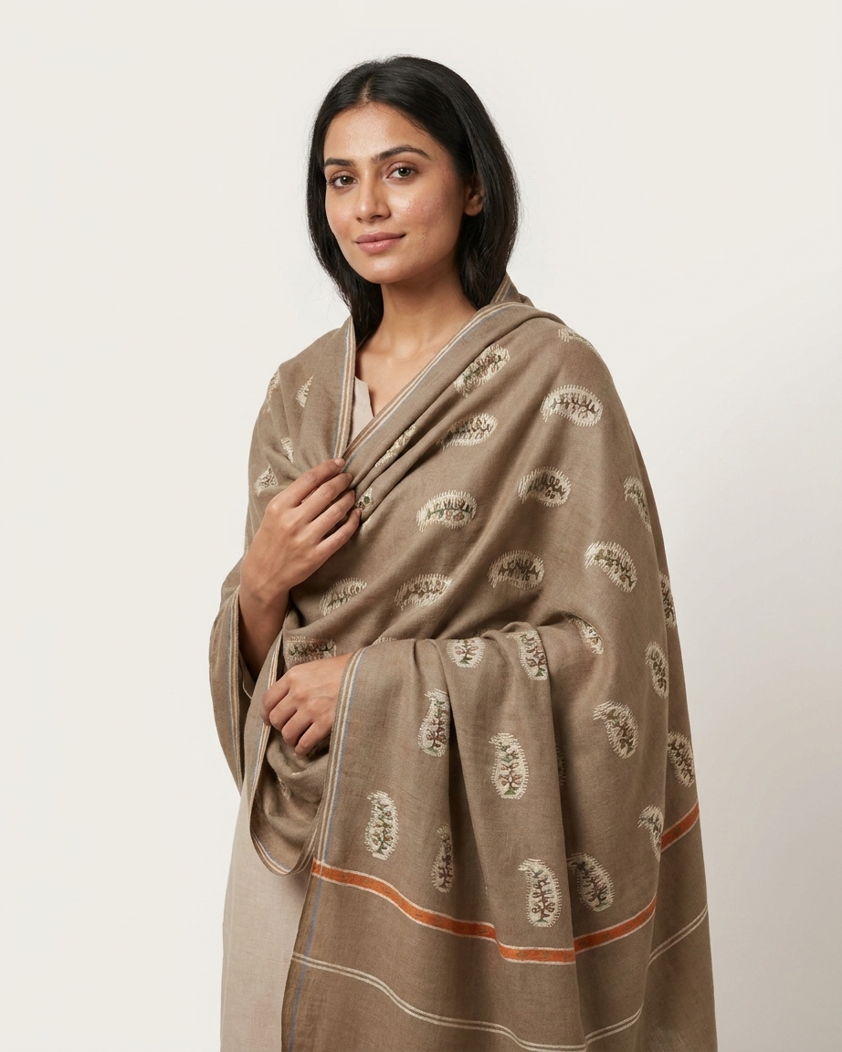 Taupe Paisley Buta Kani Cashmere Pashmina Shawl — Handwoven in Kashmir — image 3