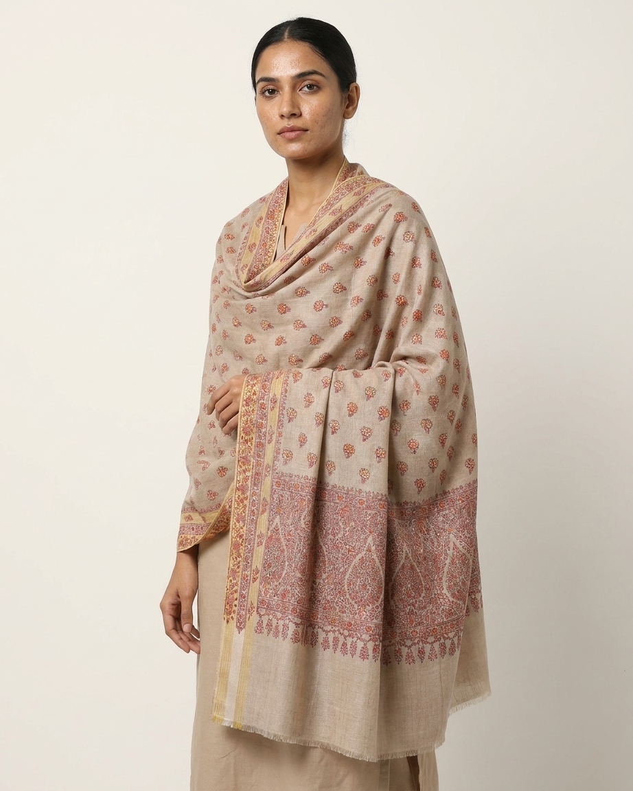 Cream Red Paisley Buti Maheen Kari — Handwoven in Kashmir — image 2