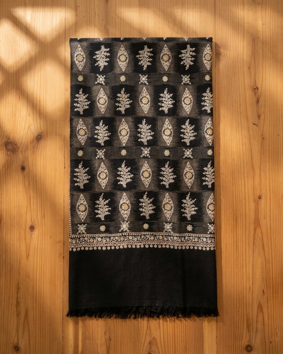 Black Beige Tree of Life Column Sozni — Handwoven in Kashmir — image 2