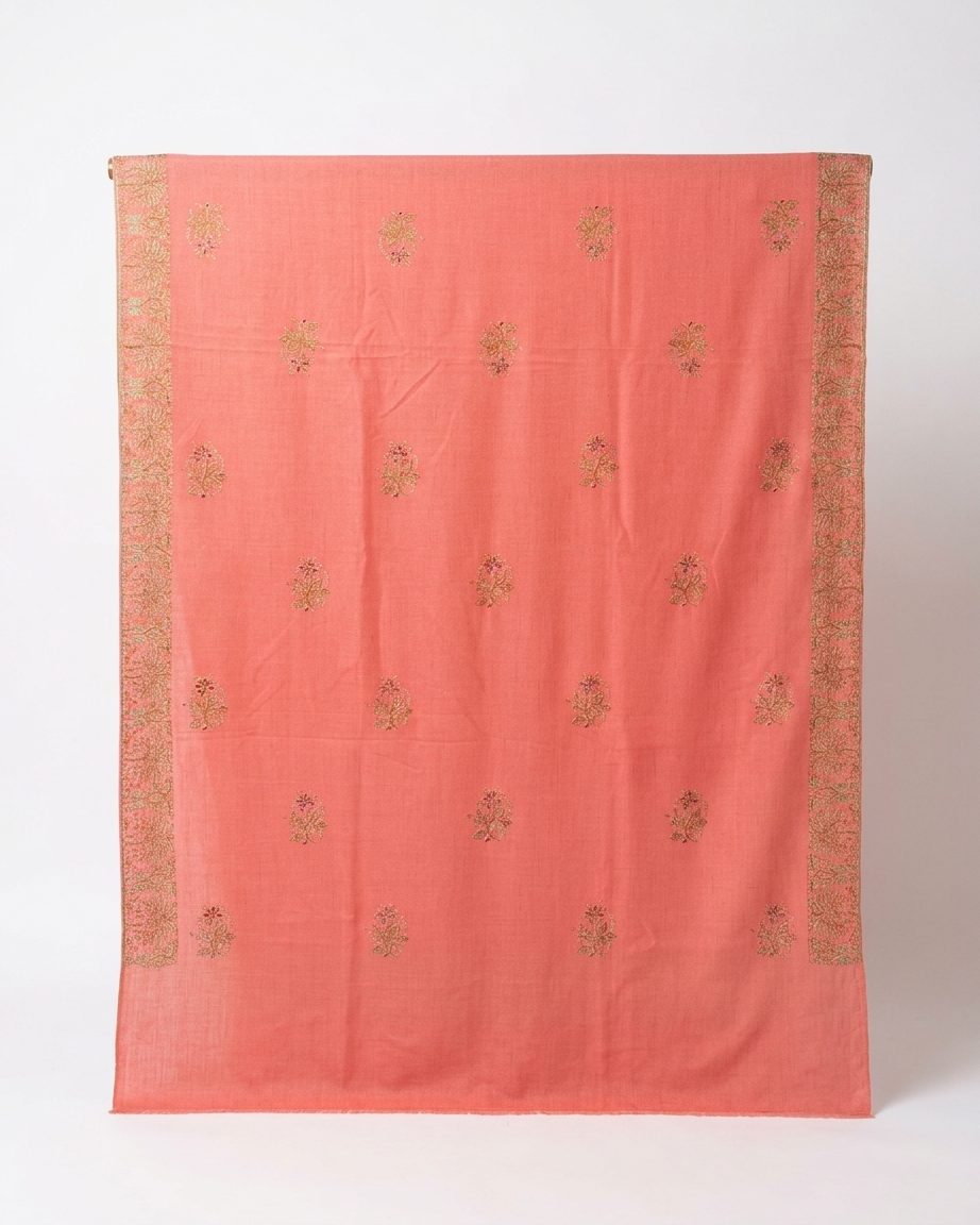 Coral Pink Floral Booti Sozni — Handwoven in Kashmir — image 2