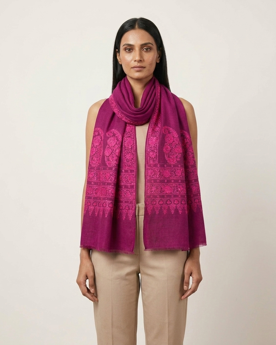Fuchsia Tone-on-Tone Paisley Maheen Kari — Handwoven in Kashmir — image 3