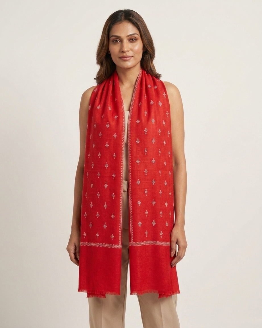 Red White Floral Geometric Sozni — Handwoven in Kashmir — image 3