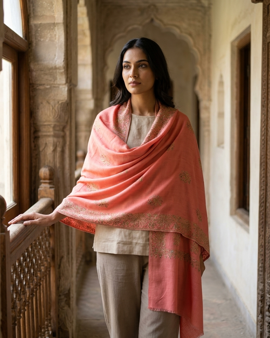 Coral Pink Floral Booti Sozni — Handwoven in Kashmir — image 3