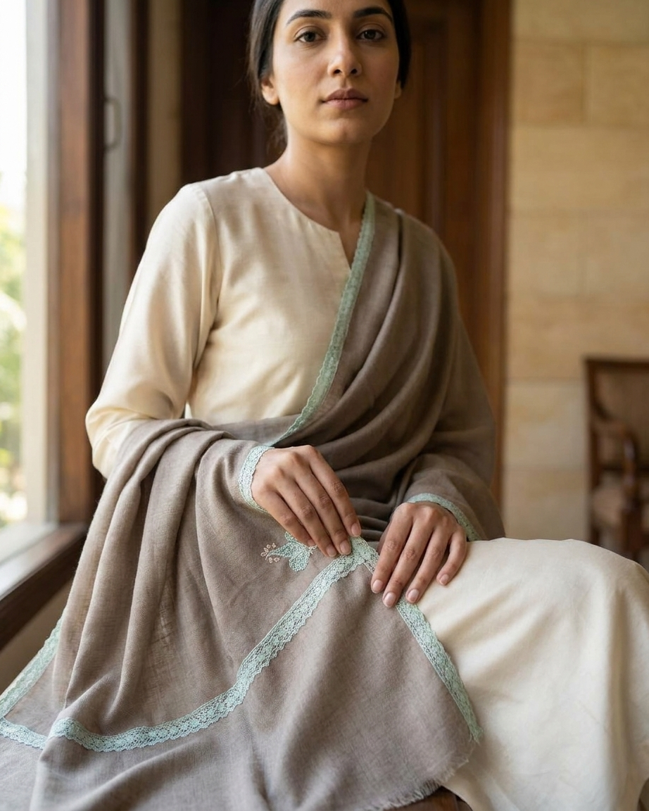 Cocoa Mint Corner Motif Sozni — Handwoven in Kashmir — image 3