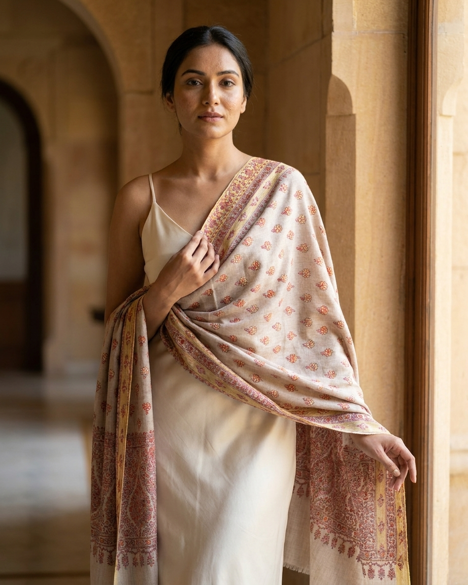 Cream Red Paisley Buti Maheen Kari — Handwoven in Kashmir — image 3