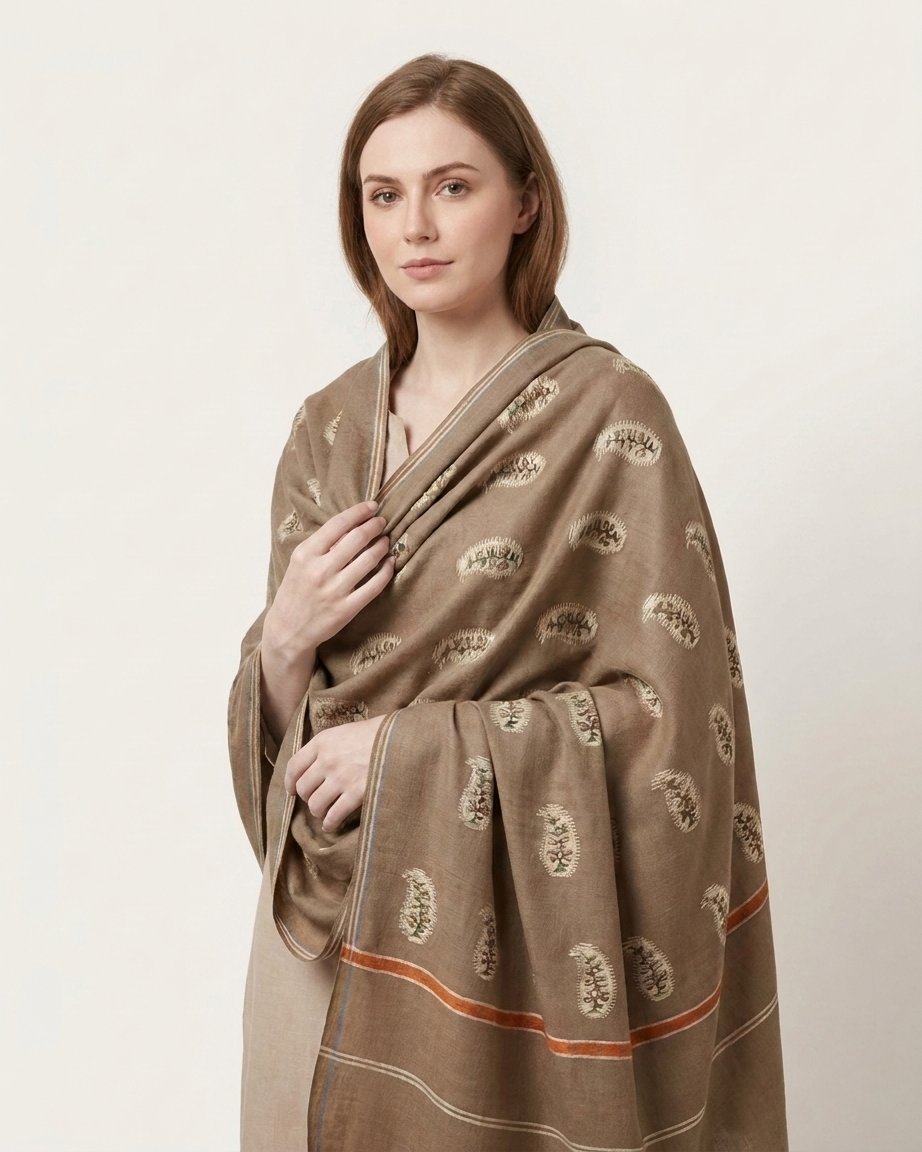 Taupe Paisley Buta Kani Cashmere Pashmina Shawl — Handwoven in Kashmir — image 4