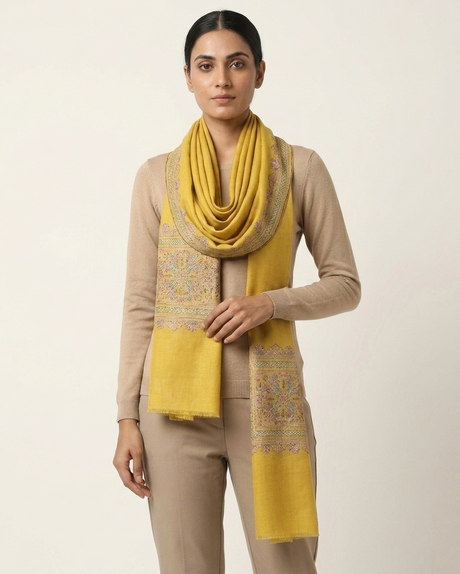 Mustard Multicolor Floral Border Sozni — Handwoven in Kashmir — image 3