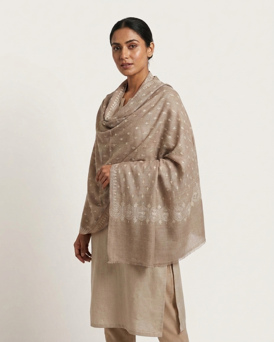 Taupe White Medallion Border Sozni — Handwoven in Kashmir — image 3