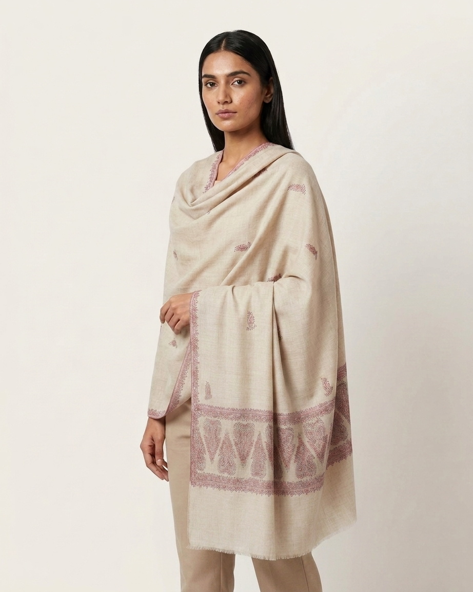 Cream Pink Paisley Border Maheen Kari — Handwoven in Kashmir — image 3