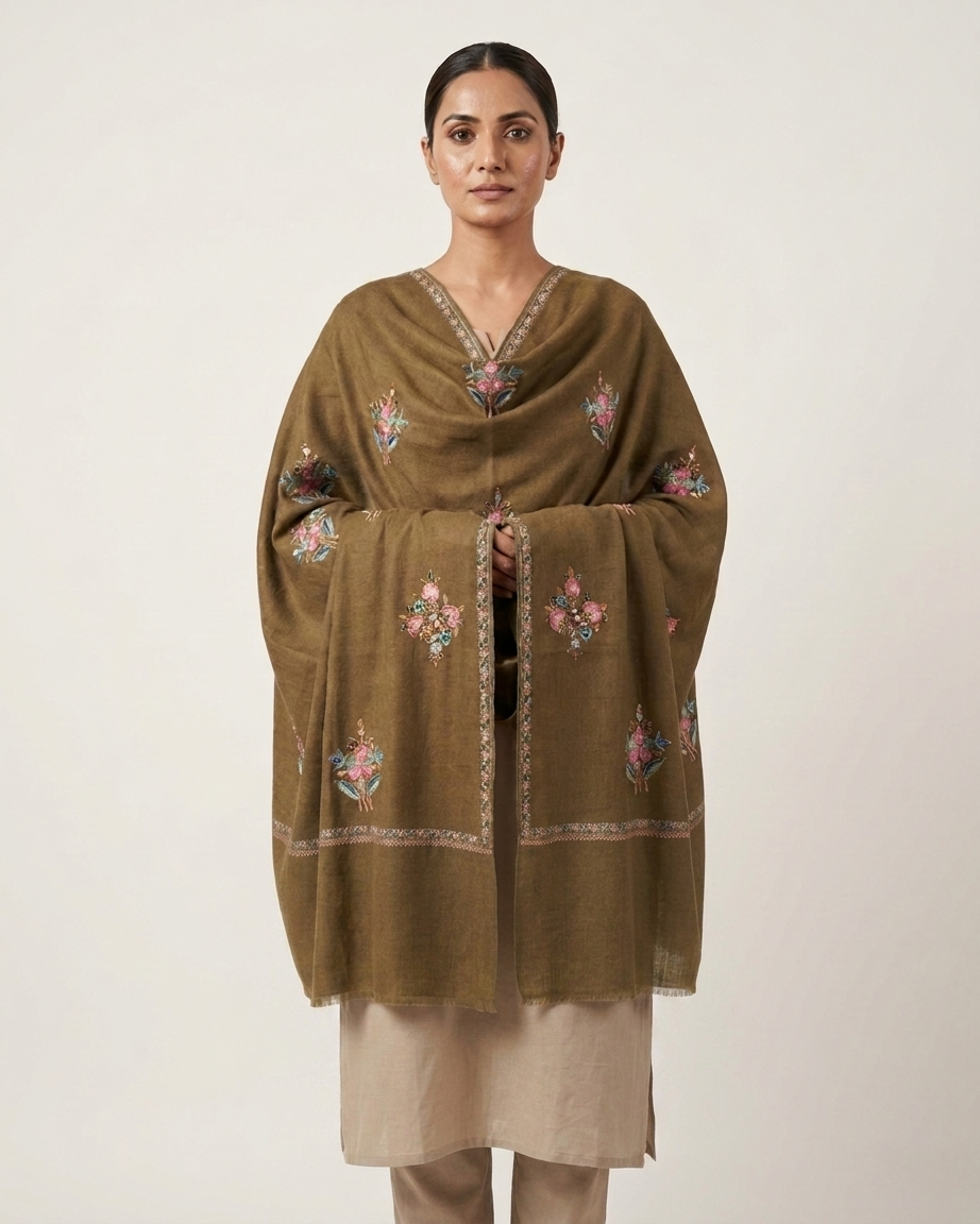 Olive Green Pink Floral Booti Sozni — Handwoven in Kashmir — image 3