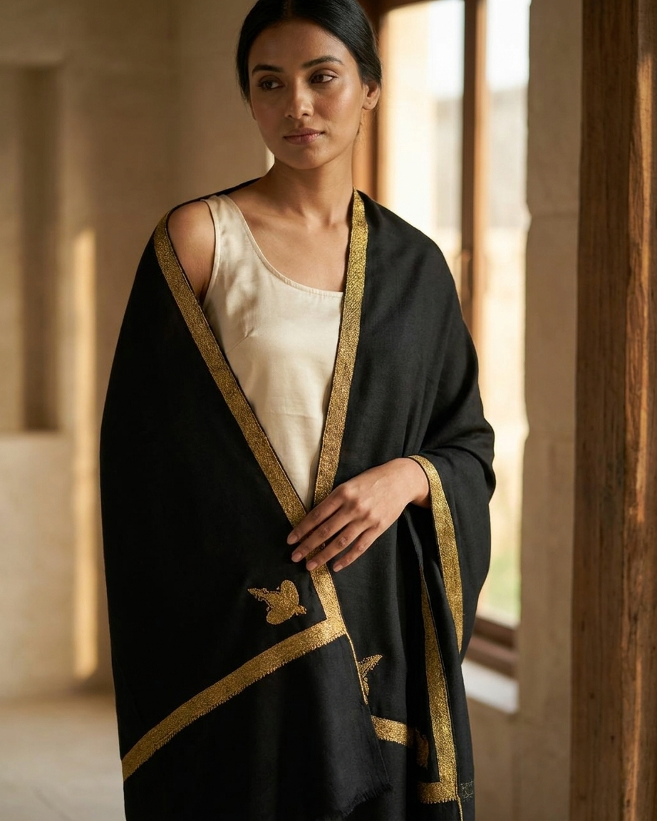 Black Gold Corner Motif Sozni — Handwoven in Kashmir — image 3