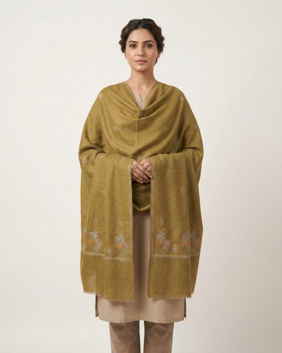 Mustard Multicolor Floral Border Sozni — Handwoven in Kashmir — image 3