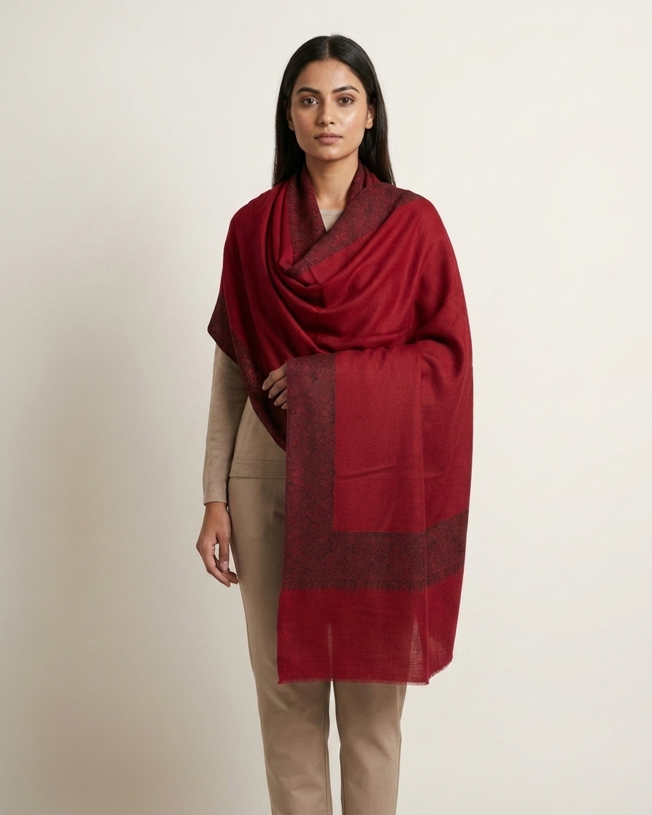 Crimson Paisley Border Sozni — Handwoven in Kashmir — image 3
