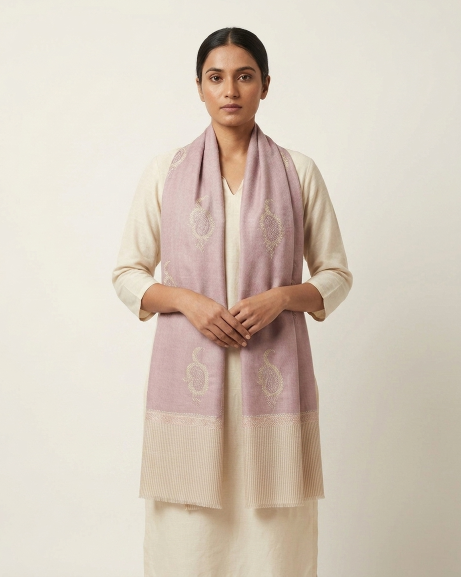 Dusty Rose Paisley Border Sozni — Handwoven in Kashmir — image 3