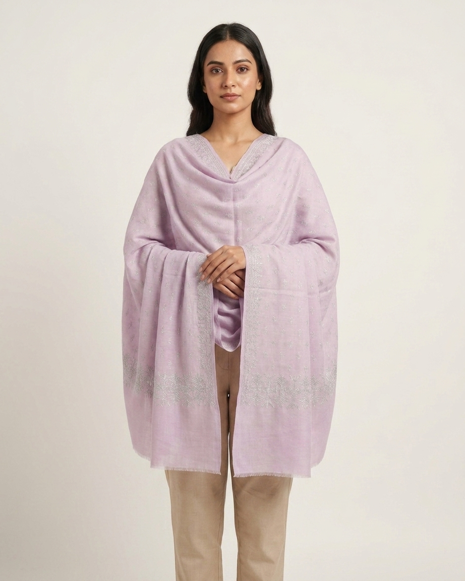 Pale Pink Silvery Floral Sozni — Handwoven in Kashmir — image 3