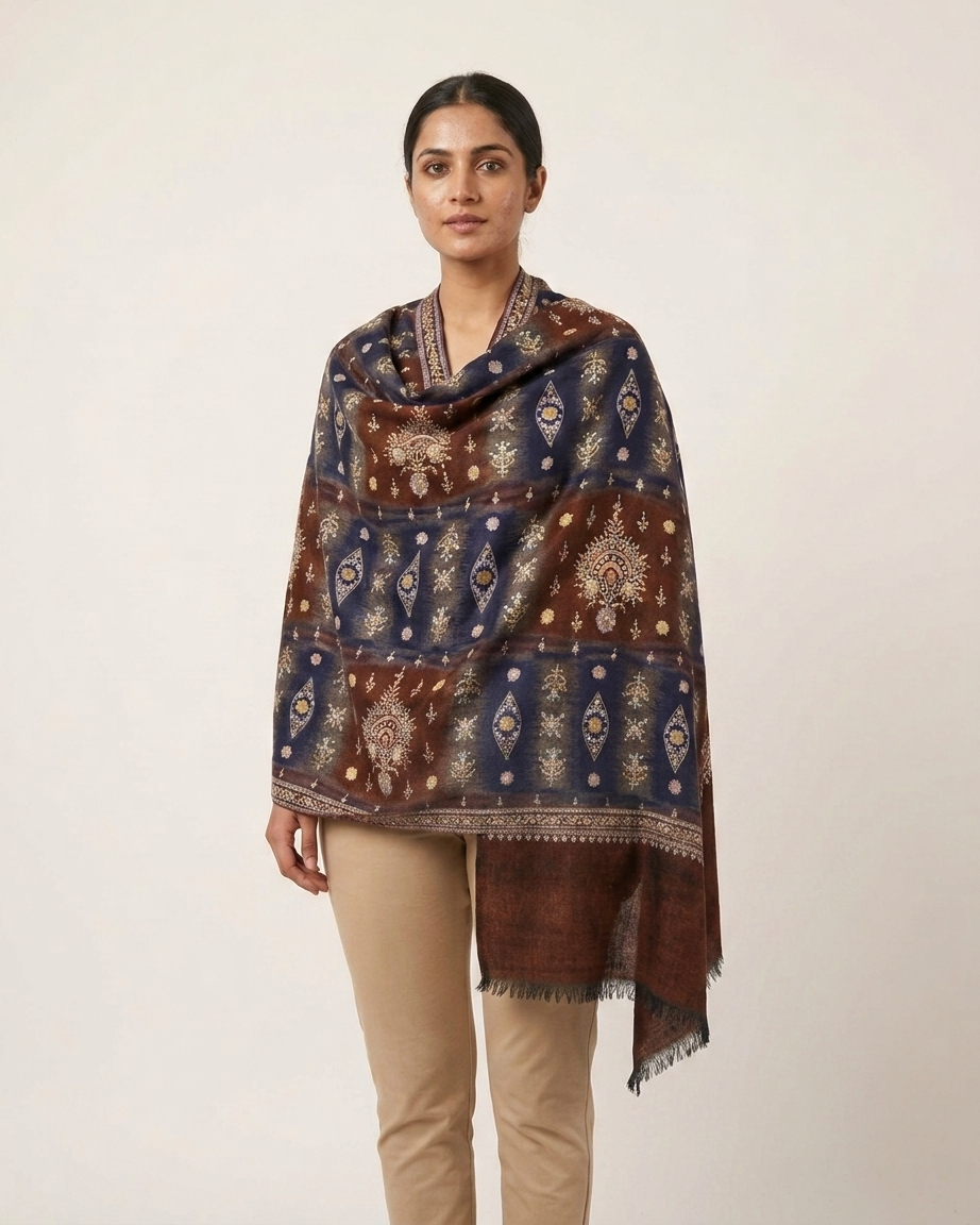 Navy Chocolate Ornate Check Sozni — Handwoven in Kashmir — image 3