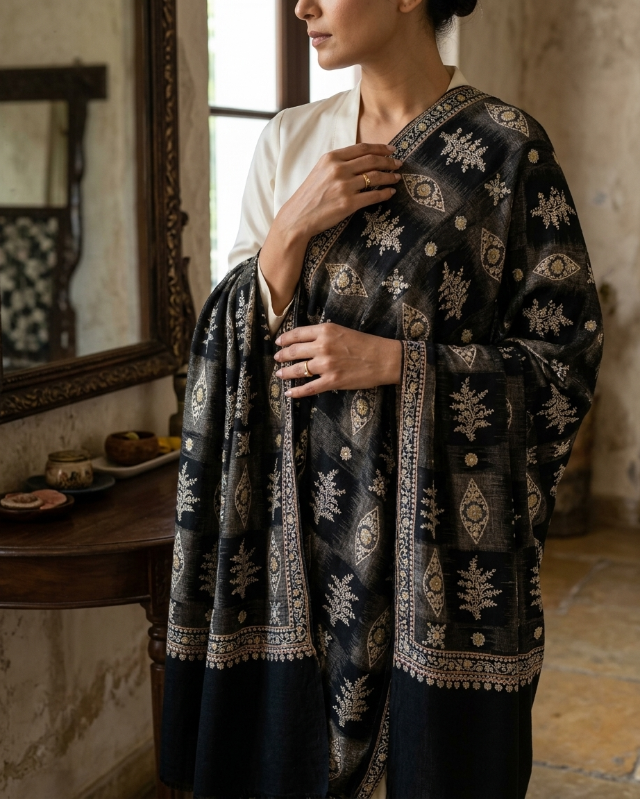 Black Beige Tree of Life Column Sozni — Handwoven in Kashmir — image 3