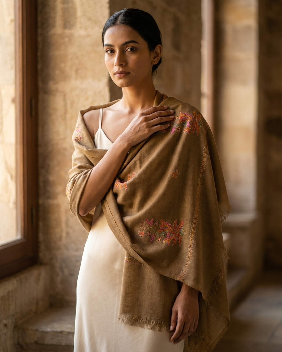 Olive Large Floral Motif Sozni — Handwoven in Kashmir — image 3