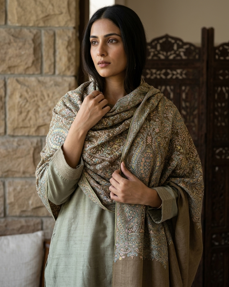 Taupe Paisley Floral Jaal Maheen Kari — Handwoven in Kashmir — image 3