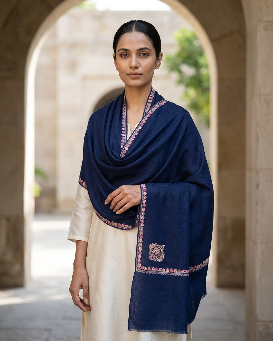 Navy Pink Gold Corner Paisley Sozni — Handwoven in Kashmir — image 3