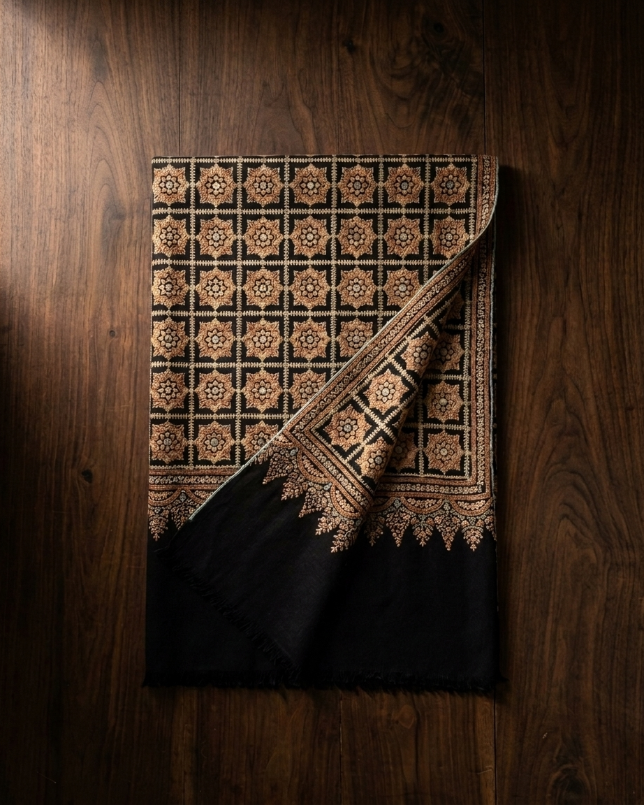 Black Tan Gold Geometric Grid Sozni — Handwoven in Kashmir — image 3