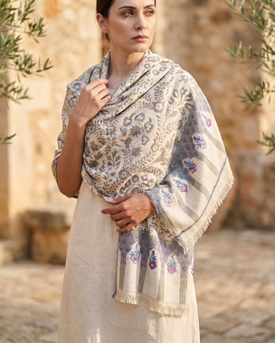 A woman wearing a cream-colored dress and a patterned beige shawl with blue and purple floral accents, standing outdoors against a warm stone wall.