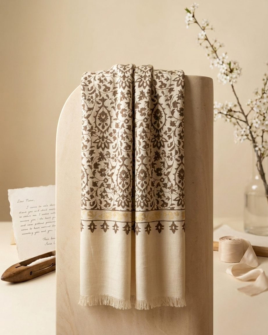 Cream Olive Floral Medallion Kani Cashmere Pashmina Shawl — Handwoven in Kashmir — image 3