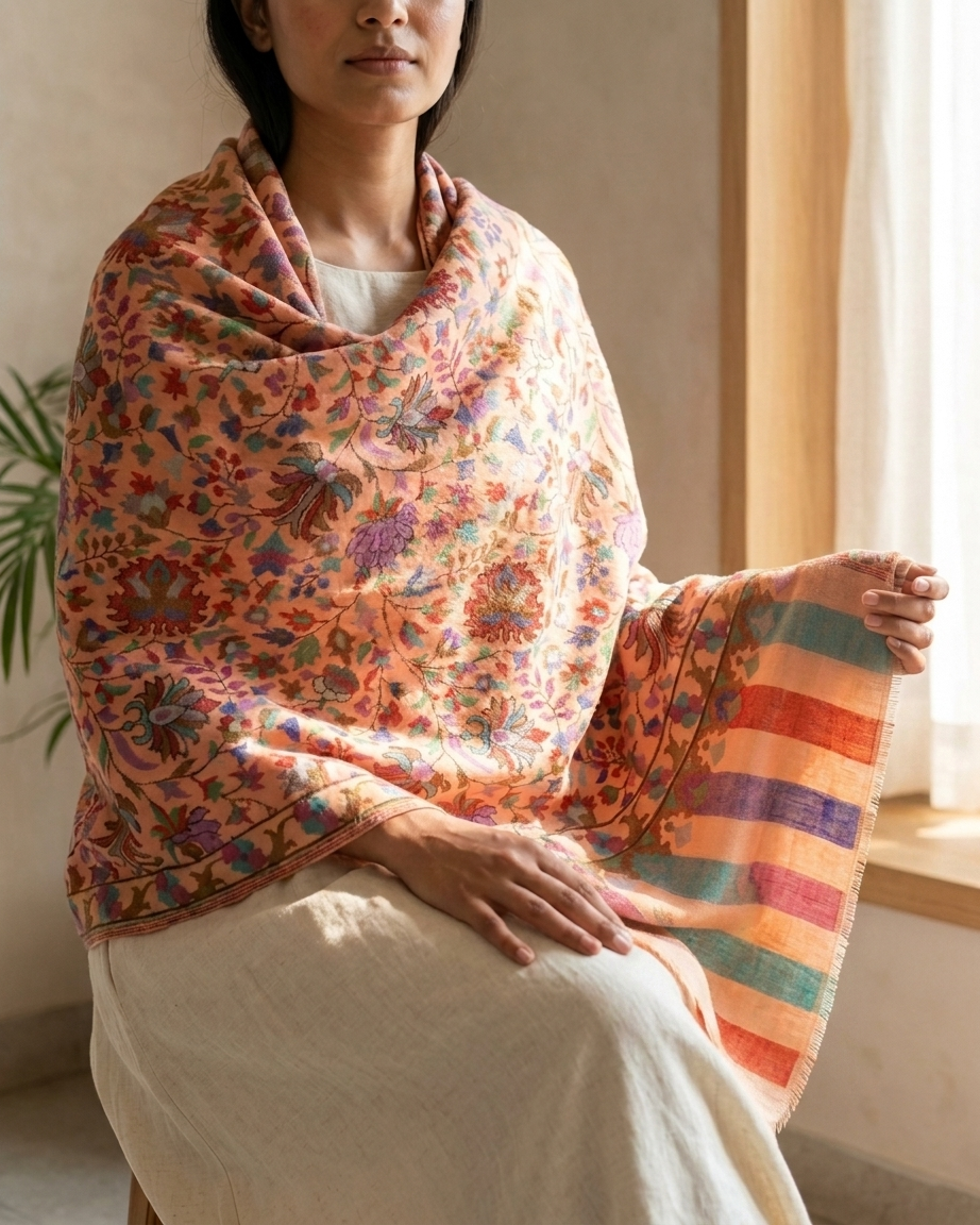 Peach Lavender Floral Jaal Kani Cashmere Pashmina Shawl — Handwoven in Kashmir — image 7