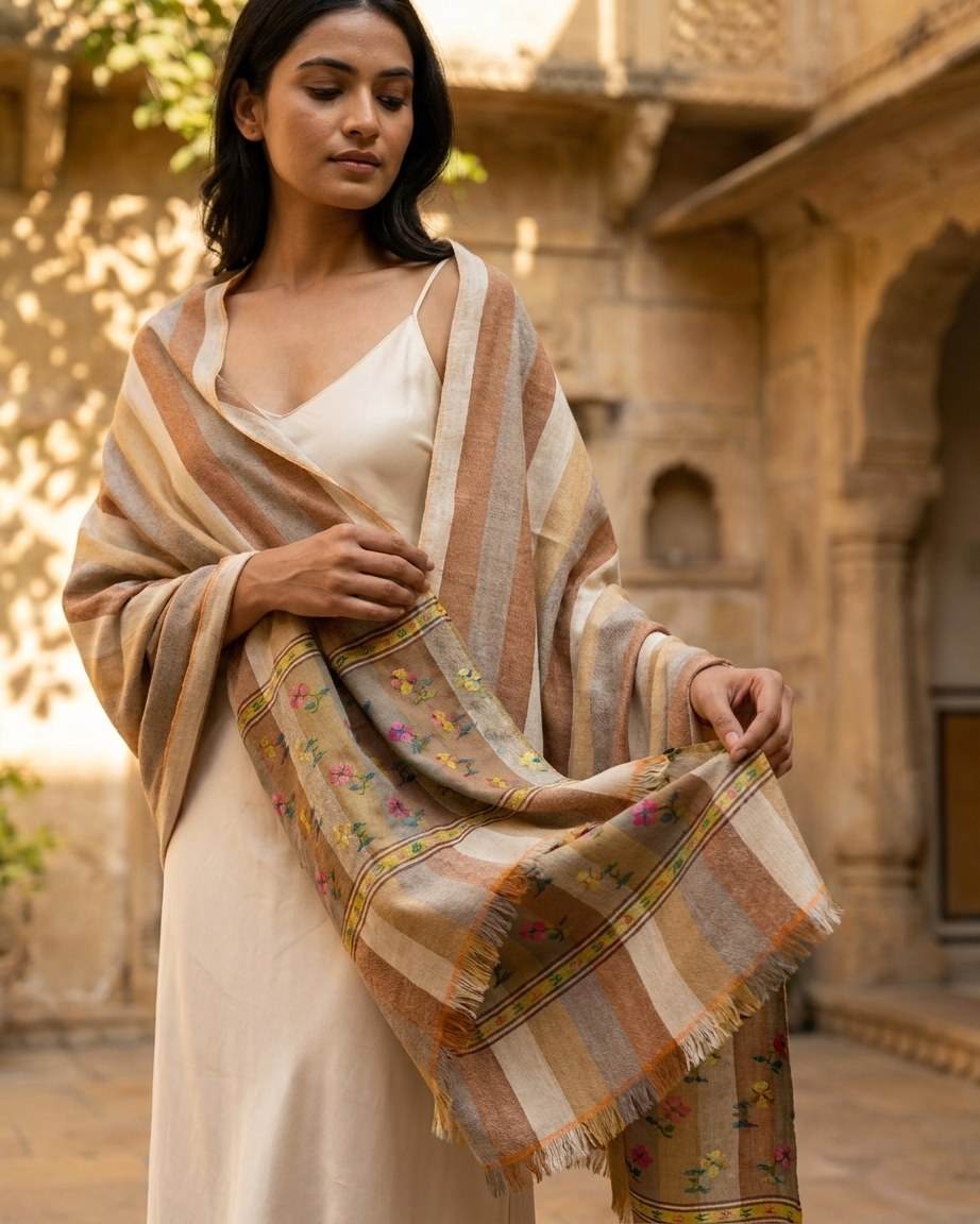 Earth Stripe Magenta Floral Buti Kani Cashmere Pashmina Shawl — Handwoven in Kashmir — image 6